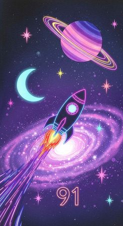 Colorful illustration of a rocket ship blasting off into a purple galaxy with stars, a crescent moon, and a ringed planet.の写真素材