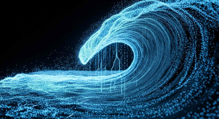 Glowing blue waveform made of particles and lines on dark background with futuristic and technological vibeの写真素材