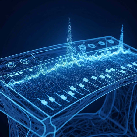 A glowing blue waveform graphics and data visualization on its screen in a dark settingの写真素材