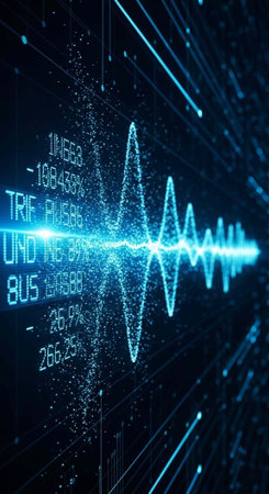 A futuristic digital waveform with bright blue lines and data points on a dark background with text overlayの写真素材