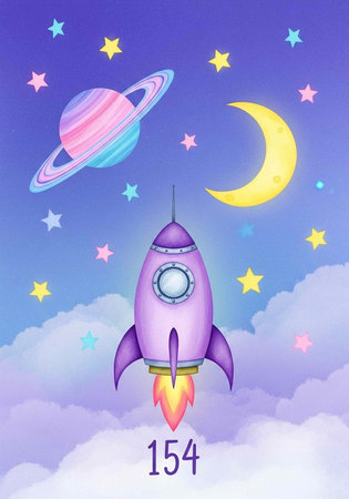 A purple rocket ship soars through a vibrant night sky filled with stars, clouds, and celestial bodies.の写真素材