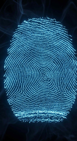 A bright blue fingerprint with detailed spiral ridges glows against a dark, mysterious background with subtle light effects.の写真素材