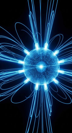 A bright blue sphere with a mesh surface emits glowing lines and lights against a black backdropの写真素材