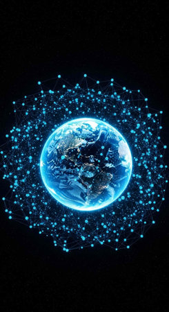 A radiant blue globe of Earth floats amidst a cloud of tiny blue dots and lines against a dark backgroundの写真素材