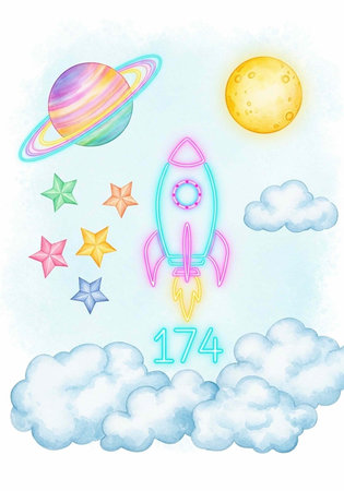 Whimsical illustration of a rocket ship soaring through the sky with clouds, stars, and celestial bodiesの写真素材