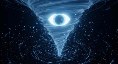 A glowing blue tornado with a bright ring at its center swirls through a dark background with debris and cloudsの写真素材