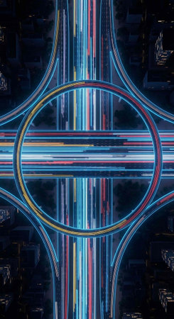 A vibrant, nighttime aerial view of a multi-level highway interchange with colorful traffic lights and blurred vehicle movementsの写真素材