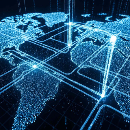 A futuristic world map with glowing blue lines and dots representing global connections and data flow on a dark backgroundの写真素材