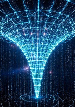 A vibrant blue network funnel with glowing nodes and lines, surrounded by flowing data streams in a dark setting.の写真素材