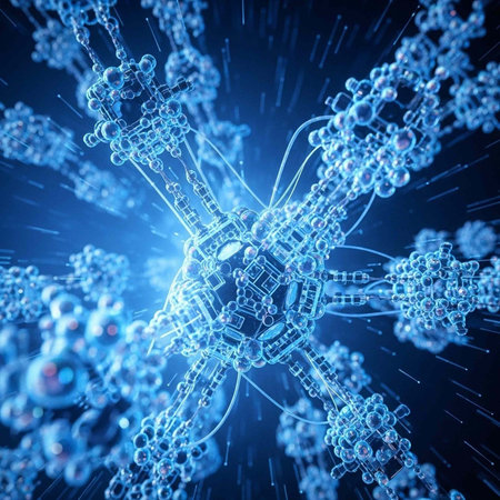 Glowing blue molecular structure with complex connections and particles in motion against a dark blue backgroundの写真素材