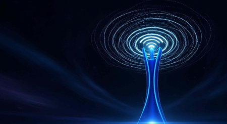 A vibrant blue light beam rises from a narrow spire, emitting concentric circles of light against a dark backdrop.の写真素材