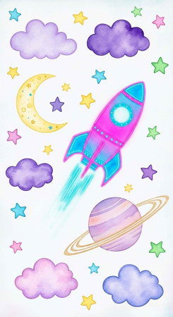 Vibrant illustration of a pink and blue rocket soaring through a light blue sky filled with purple clouds, yellow moon, and multicolored stars and planets.の写真素材