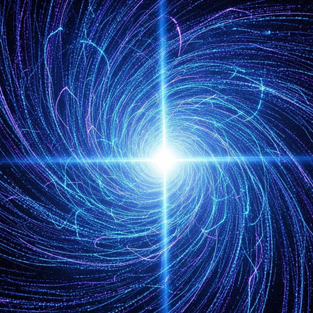 Swirling light trails in shades of blue and purple emanate from a central bright point, set against a dark backgroundの写真素材