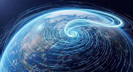 A stunning view of Earth from space with swirling blue digital trails and a glowing atmosphere at nightの写真素材