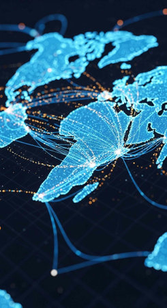 A digital map of the world with blue continents and orange and white lines representing global connections and networks.の写真素材