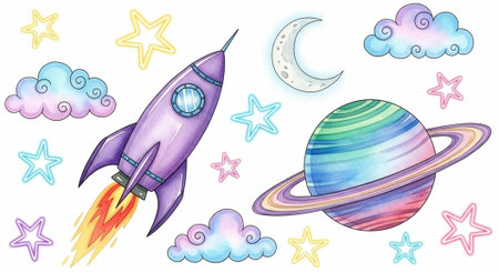 Whimsical cartoon image of a rocket ship soaring through a pastel-colored universe with clouds, stars, and a planet.の写真素材