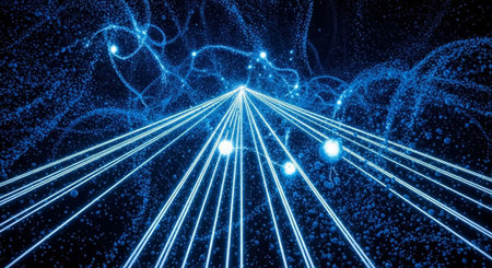 Glowing blue lines and particles emanate from a central point against a dark, starry background with scattered light orbsの写真素材