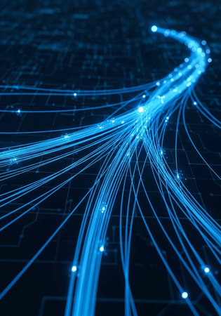 A mesmerizing display of blue lines and dots on a dark background, conveying a sense of technology and connectionの写真素材