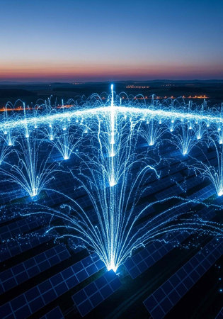 Solar panels with glowing blue lines and sparks, set against a gradient sky at dusk, showcasing technology and natureの写真素材