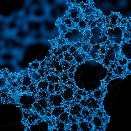 Intricate blue network with glowing nodes and lines on a dark background, showcasing complex connections and patternsの写真素材