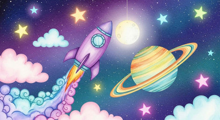 Vibrant illustration of a rocket soaring through clouds and stars with a planet and moon in the backgroundの写真素材