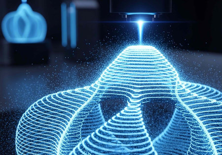 A 3D printer's glowing blue beam constructs an object with layered lines and particles in a dark industrial settingの写真素材