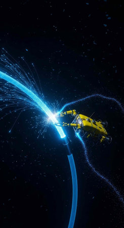 A yellow robotic arm welds with a bright blue spark in a dark background with space debris and stars visibleの写真素材