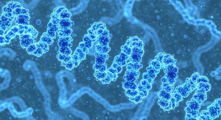 Image shows blue DNA double helix structures with glowing outlines and particles on a blue background with strands.の写真素材