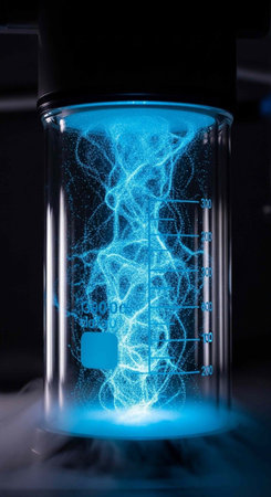 A laboratory beaker contains a bright blue electric discharge with measurement markings on its side in a dark setting.の写真素材