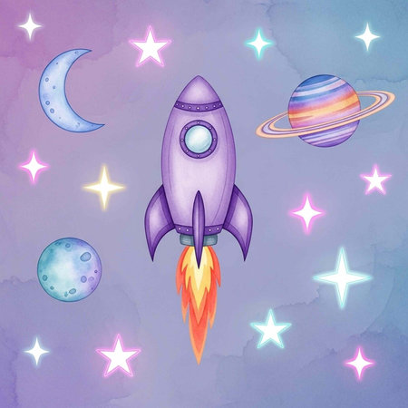Whimsical illustration of a purple rocket soaring through a starry night sky with celestial bodies and glowing neon stars.の写真素材