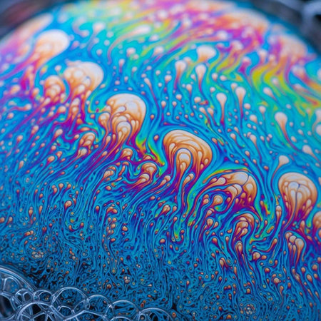 Close-up of a soap bubble surface with swirling iridescent colors, patterns, and bubblesの写真素材