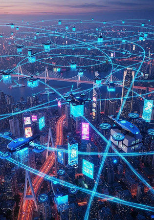Aerial view of a city with glowing blue lines and nodes, skyscrapers, and illuminated billboards at twilight.の写真素材