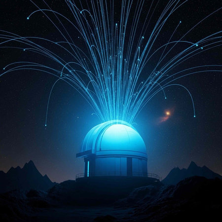 A futuristic observatory with a glowing blue dome on a rocky outcrop, surrounded by mountains, under a starry night skyの写真素材
