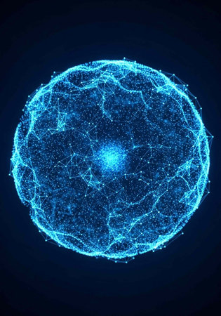 A vibrant blue sphere with intricate network lines and dots on a dark background, emitting a futuristic glowの写真素材