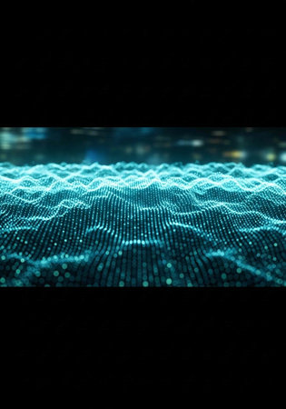 A mesmerizing digital wave of teal glowing dots on a dark background, creating a futuristic and technological ambiance.の写真素材