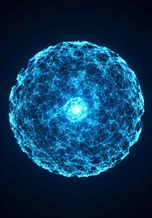 A vibrant blue sphere with a complex web of lines and nodes, emitting a bright light from its center, set against a dark backdropの写真素材