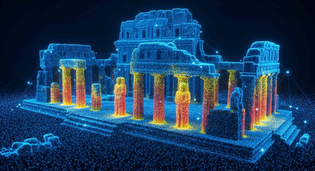 A futuristic 3D rendering of a classical temple with glowing blue and yellow lights highlighting its detailed structureの写真素材