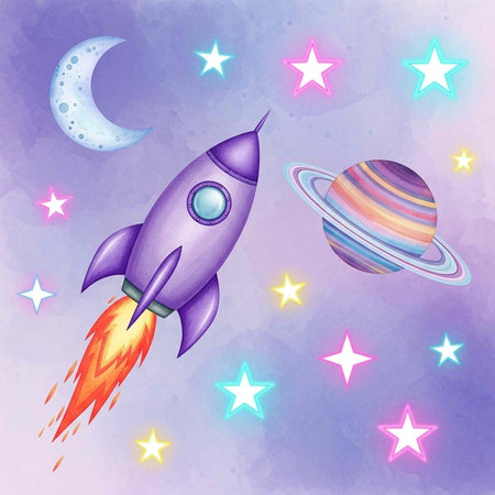 Whimsical illustration of a purple rocket soaring through a starry night sky with a crescent moon and planetsの写真素材