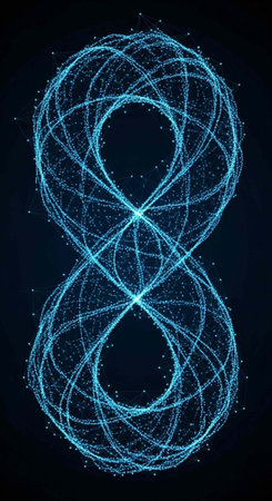 Sparkling blue lines and particles form an infinity symbol against a dark background with scattered starsの写真素材