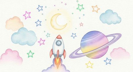 Colorful cartoon-style image of a rocket launching amidst clouds, stars, a crescent moon, and a planetの写真素材