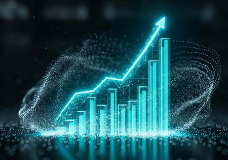 A futuristic bar graph with a glowing blue arrow pointing upwards, indicating growth and success in a digital environmentの写真素材