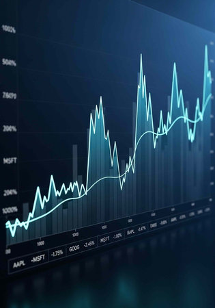 A stock market graph showing a fluctuating trend with various data points and percentages displayedの写真素材
