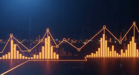 A digital graph with yellow bars and lines on a dark blue background showing data analysis and statisticsの写真素材