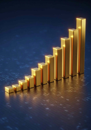 A 3D rendering of a gold bar chart on a dark blue background with increasing growth trendの写真素材