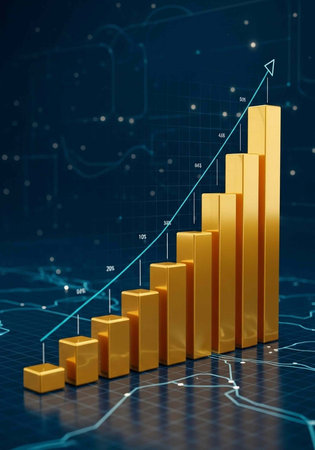 A 3D bar graph showing a steady increase in growth and success with a blue backgroundの写真素材