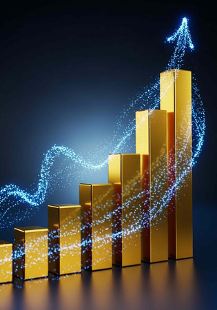 A 3D bar chart with gold bars and a blue arrow pointing upwards, indicating growth and success in businessの写真素材