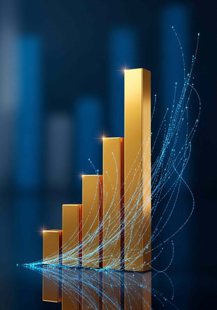 A 3D bar graph with glowing lines and dots on a dark blue background showing business growth and successの写真素材
