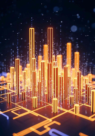 A futuristic cityscape at night with glowing orange lights and a dark backgroundの写真素材