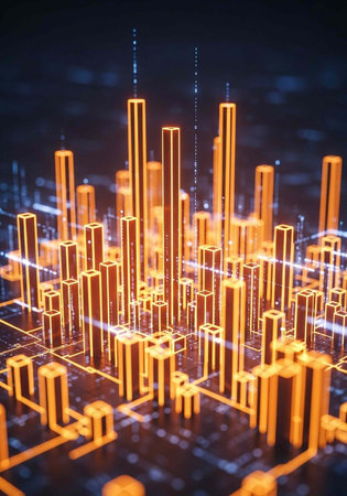 A futuristic cityscape with glowing orange skyscrapers and neon lights in a dark urban environmentの写真素材