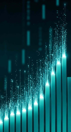 A futuristic digital graph with glowing blue bars and lines on a dark backgroundの写真素材